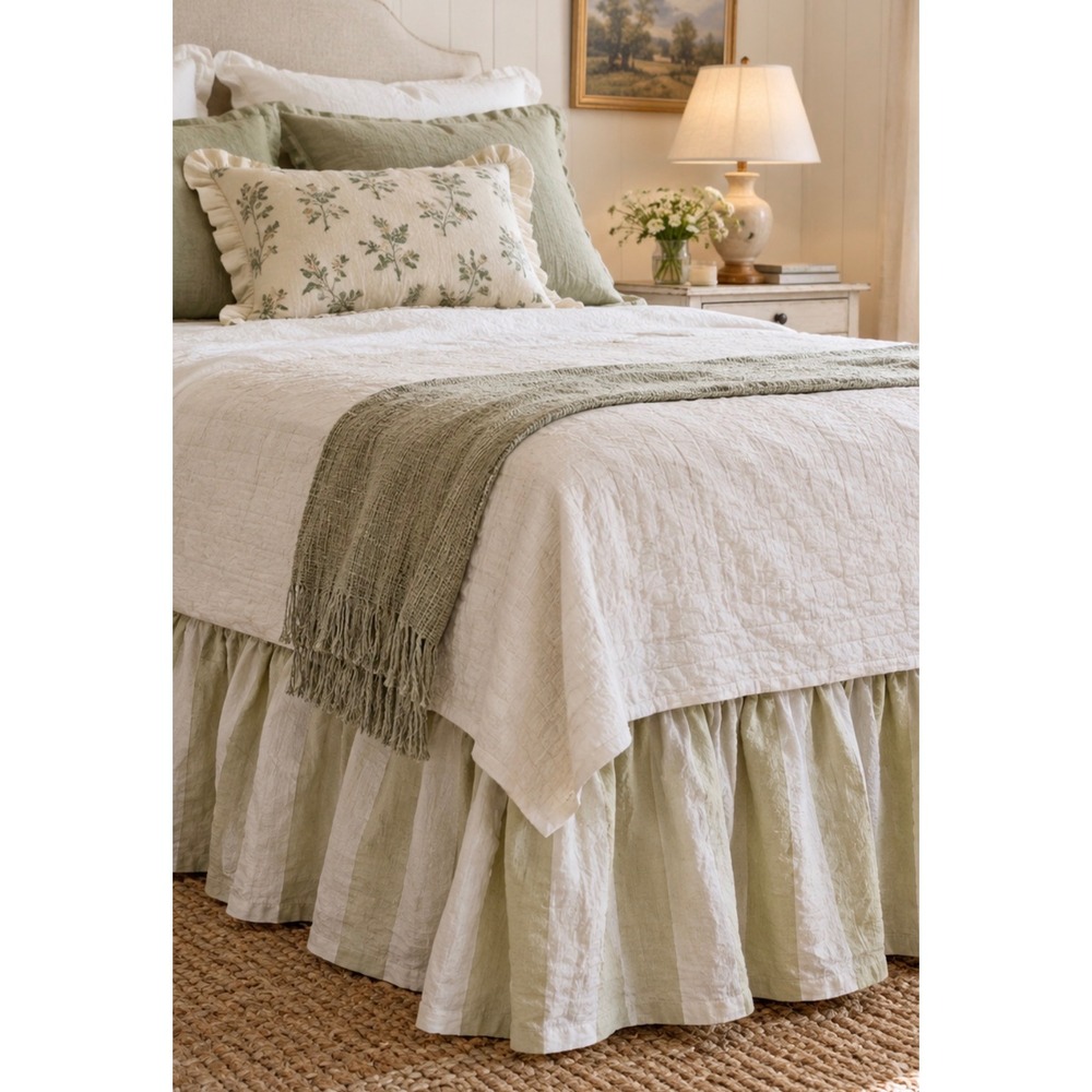 Simply Shabby Chic Celery Green White Striped Queen Bed Skirt Cotton 14in Drop